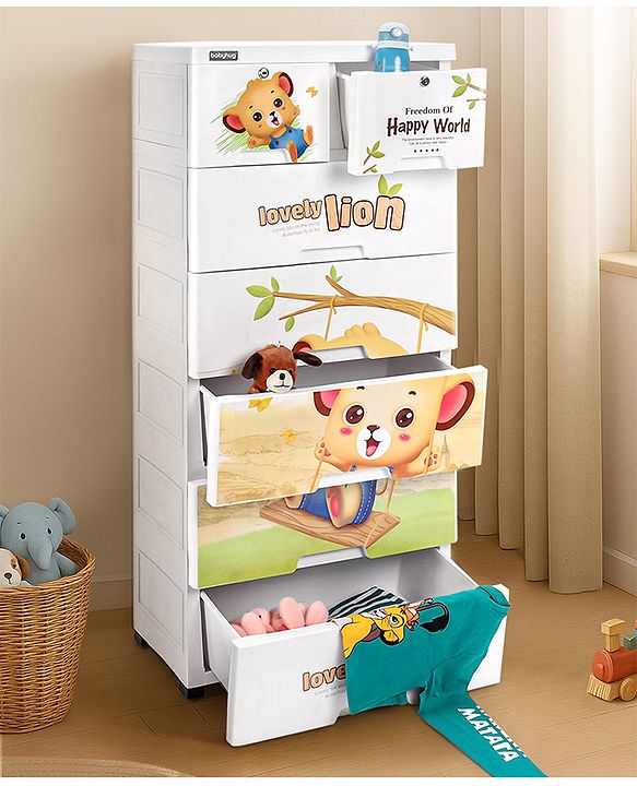 Babyhug 6 Layers High Density Plastic Storage Cabinet Teddy Print With Wheels - White