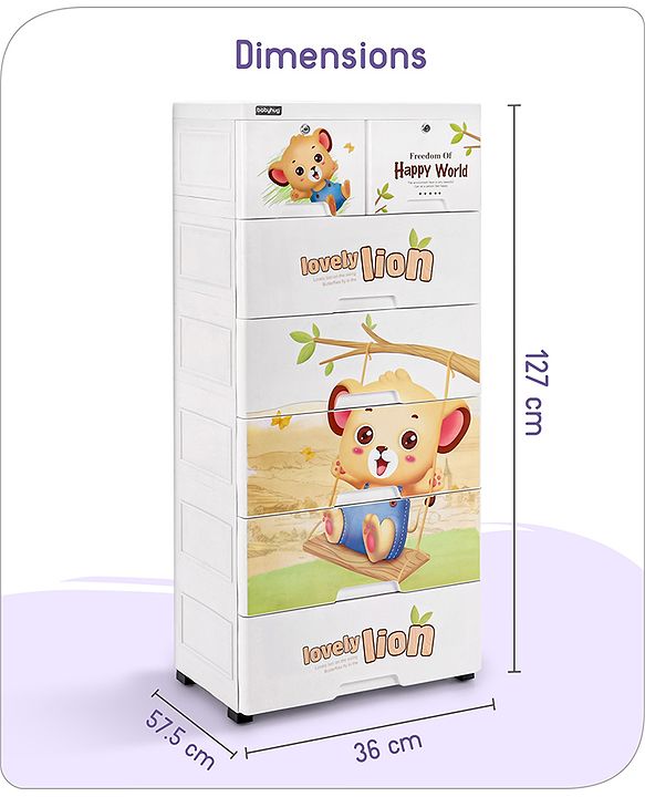 Babyhug 6 Layers High Density Plastic Storage Cabinet Teddy Print With Wheels - White