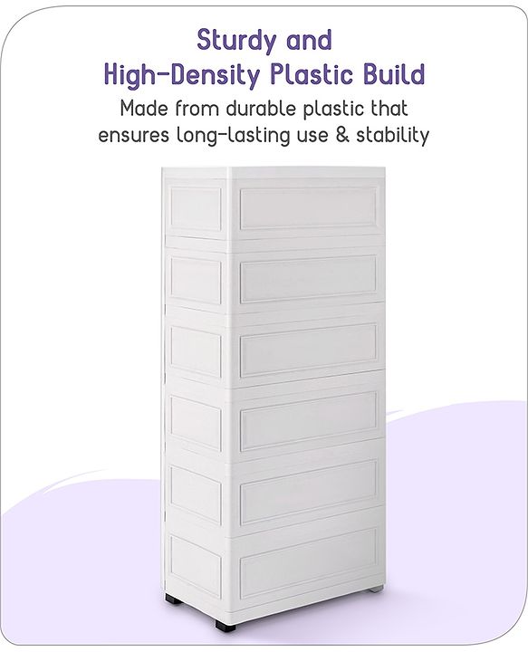 Babyhug 6 Layers High Density Plastic Storage Cabinet Teddy Print With Wheels - White