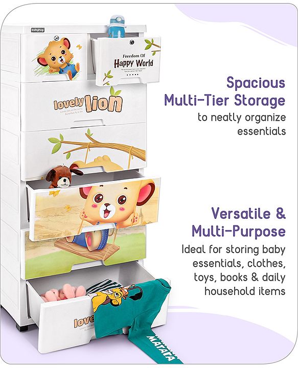 Babyhug 6 Layers High Density Plastic Storage Cabinet Teddy Print With Wheels - White