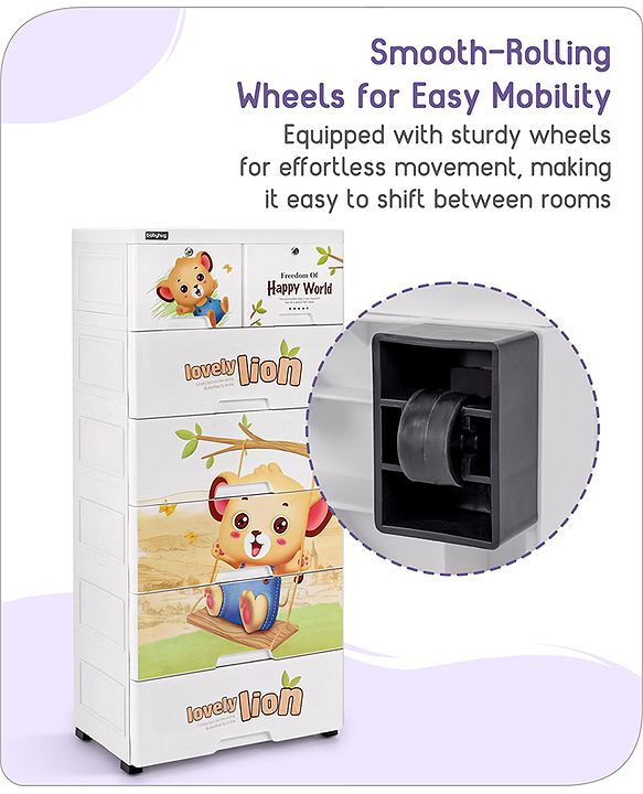 Babyhug 6 Layers High Density Plastic Storage Cabinet Teddy Print With Wheels - White