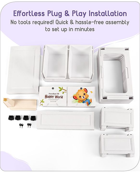Babyhug 6 Layers High Density Plastic Storage Cabinet Teddy Print With Wheels - White