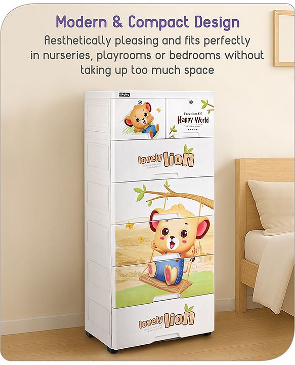 Babyhug 6 Layers High Density Plastic Storage Cabinet Teddy Print With Wheels - White