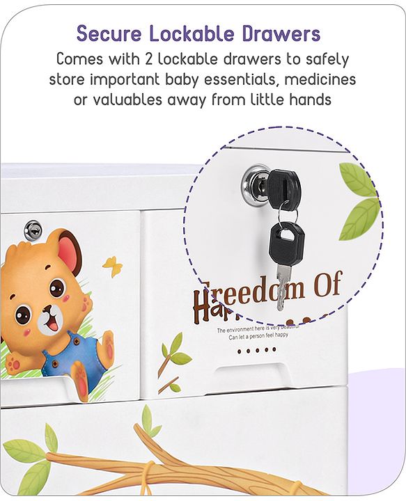 Babyhug 6 Layers High Density Plastic Storage Cabinet Teddy Print With Wheels - White