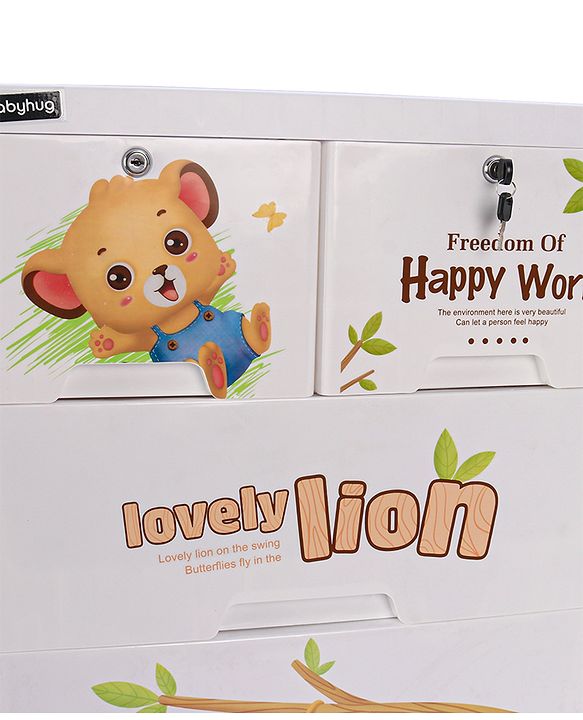 Babyhug 6 Layers High Density Plastic Storage Cabinet Teddy Print With Wheels - White