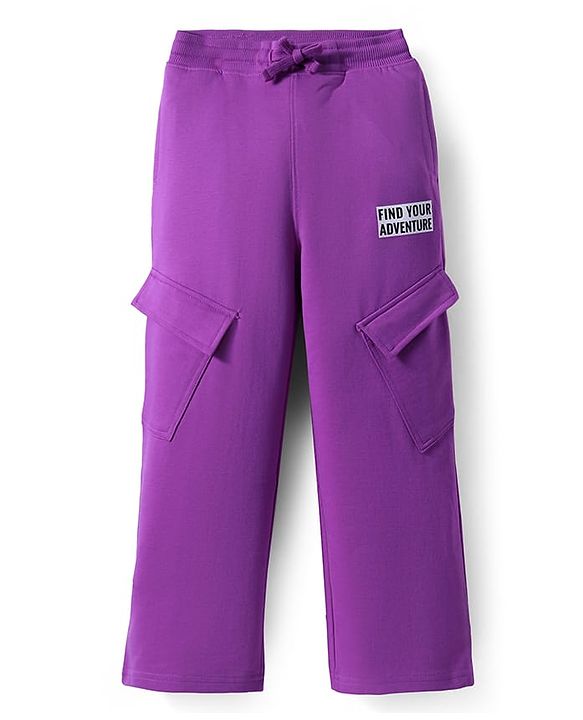 Pine Kids Knit Full Length Lounge Pant With Text Print & Cargo Pockets - Purple
