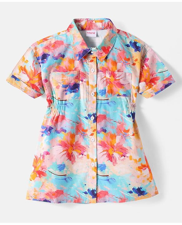 Babyhug Cotton Woven Half Sleeves Anti Bacterial Shirt Style Frock with Floral Print - Multicolor