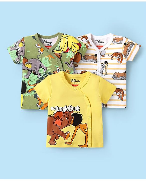Babyhug Disney Interlock Knit Front Open Half Sleeves Jhablas With Mowgli & Friends Graphics Pack Of 3 - Yellow Olive Green & Cream
