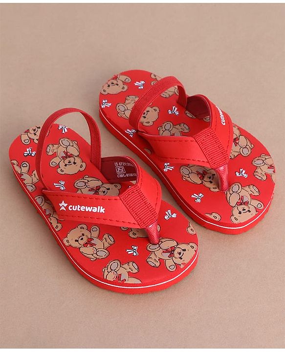 Cute Walk by Babyhug Flip Flops  with Back Strap & Bear Print - Red