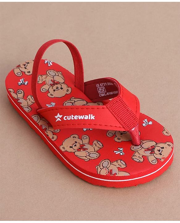 Cute Walk by Babyhug Flip Flops  with Back Strap & Bear Print - Red