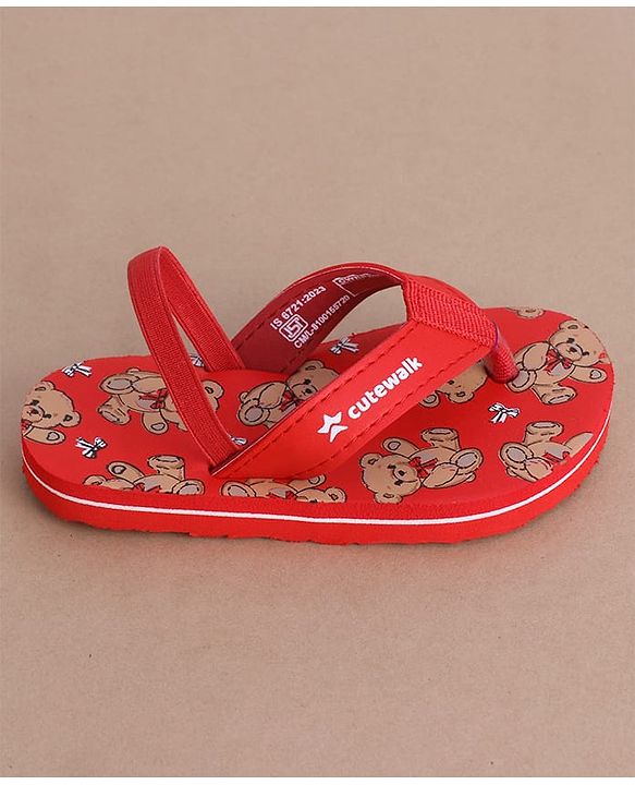 Cute Walk by Babyhug Flip Flops  with Back Strap & Bear Print - Red