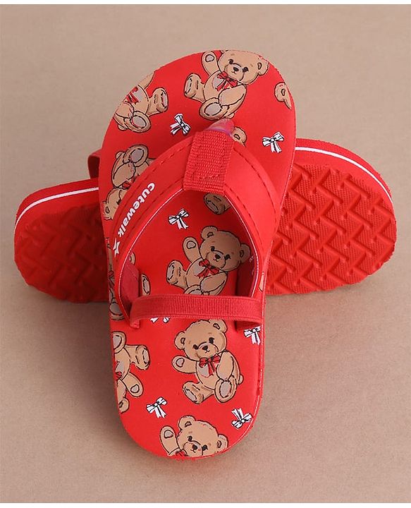 Cute Walk by Babyhug Flip Flops  with Back Strap & Bear Print - Red
