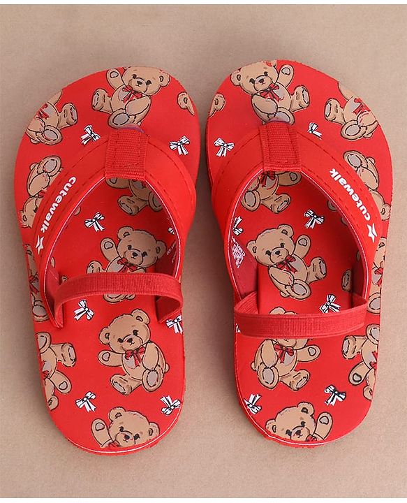 Cute Walk by Babyhug Flip Flops  with Back Strap & Bear Print - Red