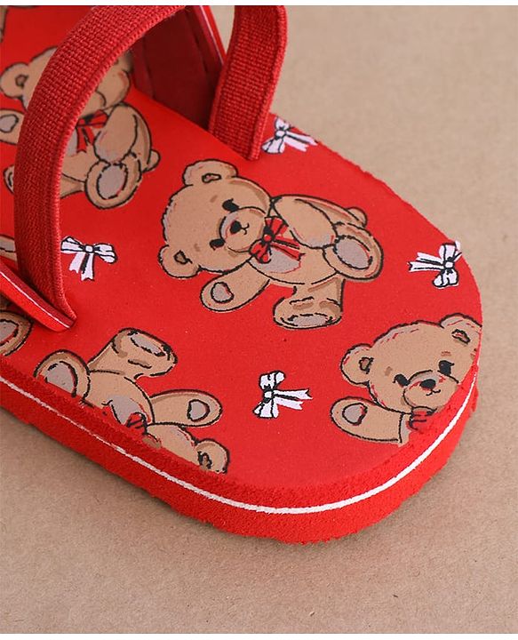 Cute Walk by Babyhug Flip Flops  with Back Strap & Bear Print - Red