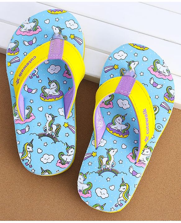 Cute Walk by Babyhug Slip On Flip Flops  with Unicorn Print - Yellow & Blue