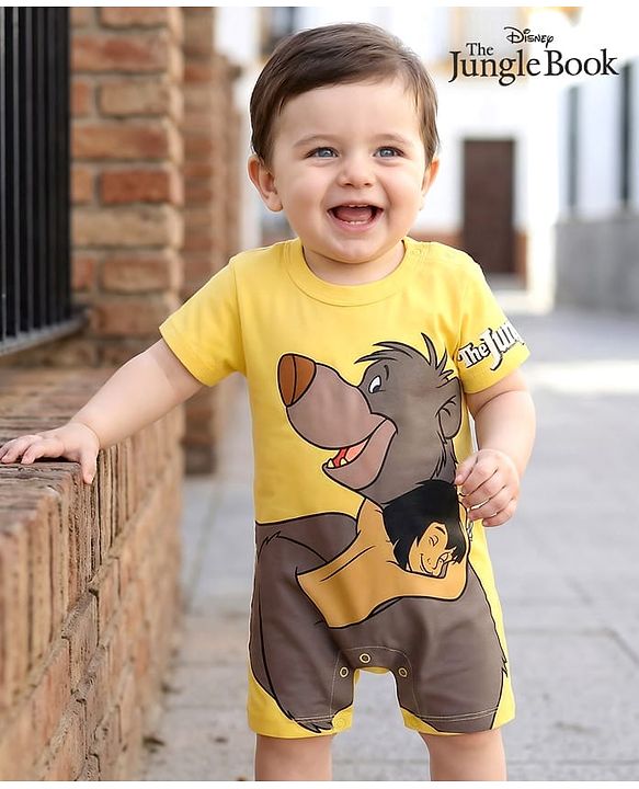 Babyhug Disney Interlock Knit Half Sleeves Romper With Mowgli & Friends Graphics - Yellow