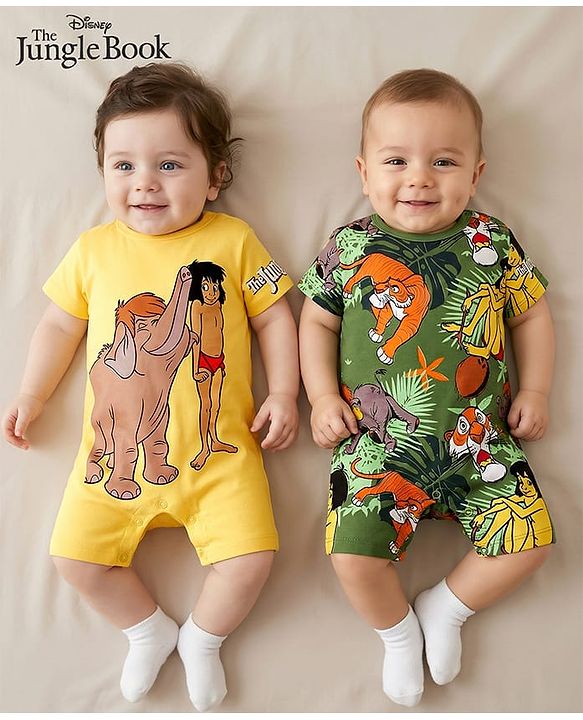Babyhug Disney Interlock Knit Half Sleeve Romper With Mowgli & Friends Graphic Pack Of 2 - Yellow & Green