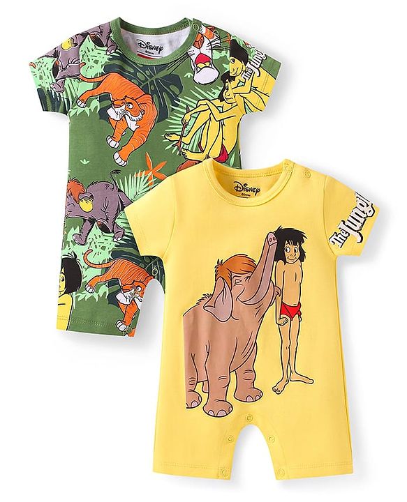 Babyhug Disney Interlock Knit Half Sleeve Romper With Mowgli & Friends Graphic Pack Of 2 - Yellow & Green