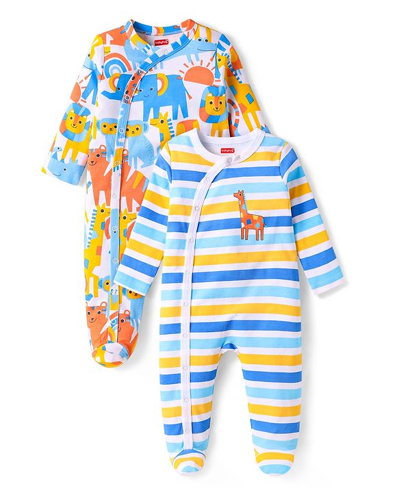 Babyhug Cotton Knit Full Sleeve Footed Sleepsuits With Stripes & Animal Pack Of 2 - Light Blue  & White
