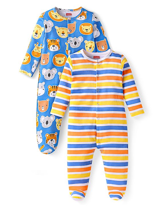 Babyhug Cotton Knit Full Sleeves Sleep Suit with Stripes and Animal Print Pack of 2 - Blue