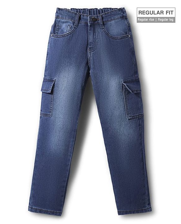 Pine Kids Woven Full Length Washed Denim Jeans With Cargo Pockets - Navy Blue
