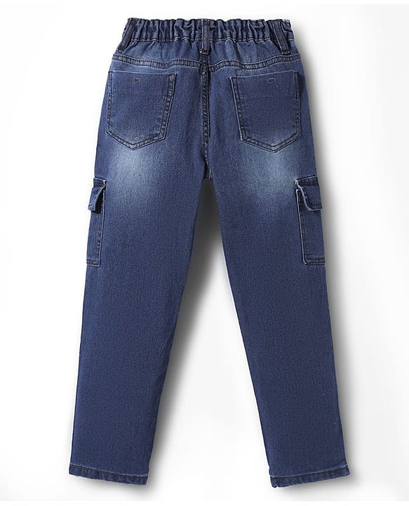 Pine Kids Woven Full Length Washed Denim Jeans With Cargo Pockets - Navy Blue