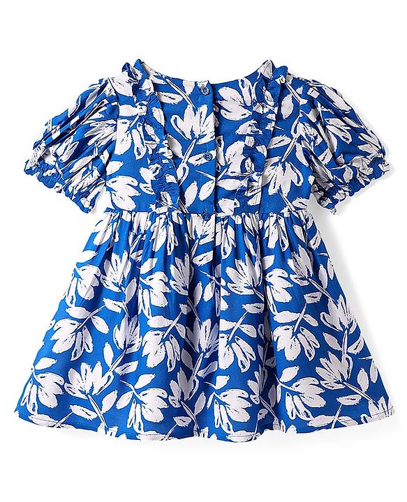 Babyhug Cotton Woven Puffed Sleeves Frock with Floral Print - Blue