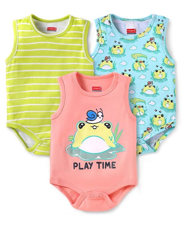 Babyhug 100% Cotton Knit Sleeveless Onesies With Stripes & Animal Print Pack of 3 - Peach Blue & Limegreen