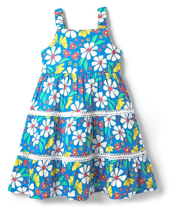 Babyhug Cotton Woven Sleeveless Frock With Floral Print & Lace Detailing - Light Blue