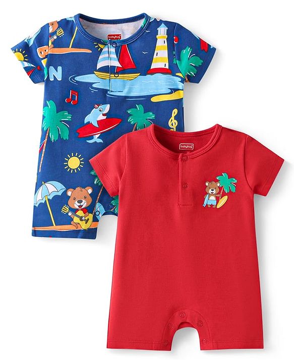 Babyhug 100% Cotton Knit Half Sleeves Rompers With Animals On Beach Print Pack of 2 - Red & Navy Blue