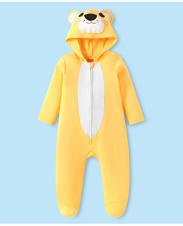 Babyhug Cotton Knit Full Sleeves Footed Sleepsuit with Bear Applique - Yellow