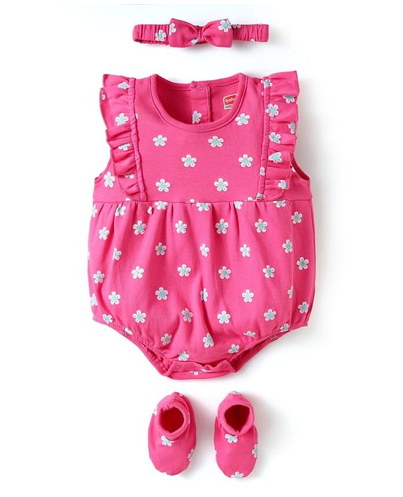 Babyhug 100% Cotton Knit Frill Sleeves Floral Printed Onesie With Headband & Booties - Dark Pink