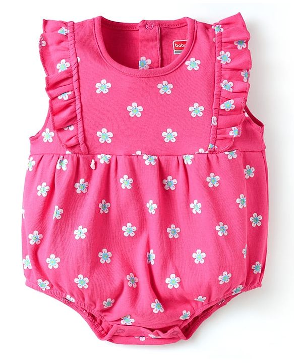 Babyhug 100% Cotton Knit Frill Sleeves Floral Printed Onesie With Headband & Booties - Dark Pink
