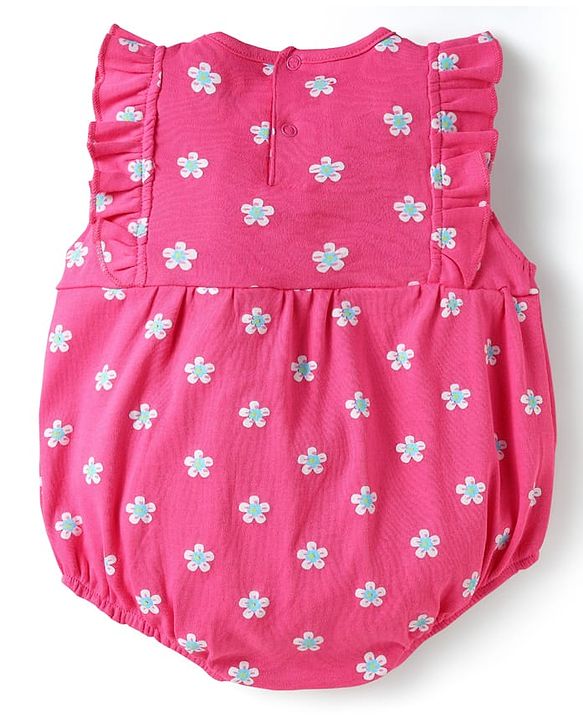 Babyhug 100% Cotton Knit Frill Sleeves Floral Printed Onesie With Headband & Booties - Dark Pink