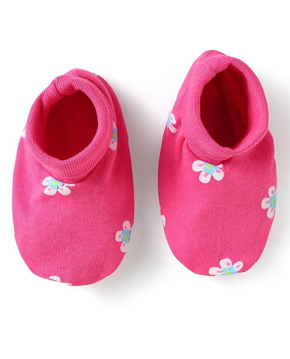Babyhug 100% Cotton Knit Frill Sleeves Floral Printed Onesie With Headband & Booties - Dark Pink