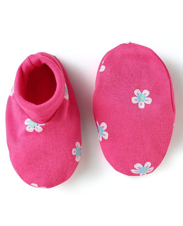 Babyhug 100% Cotton Knit Frill Sleeves Floral Printed Onesie With Headband & Booties - Dark Pink