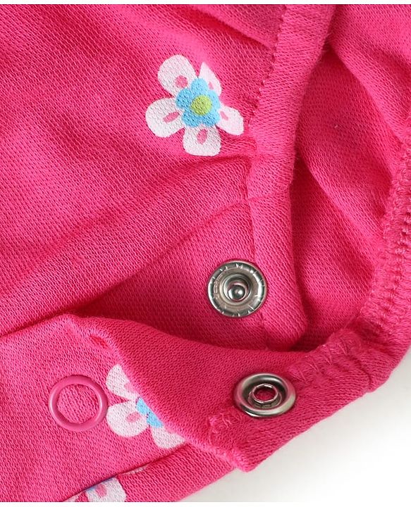 Babyhug 100% Cotton Knit Frill Sleeves Floral Printed Onesie With Headband & Booties - Dark Pink
