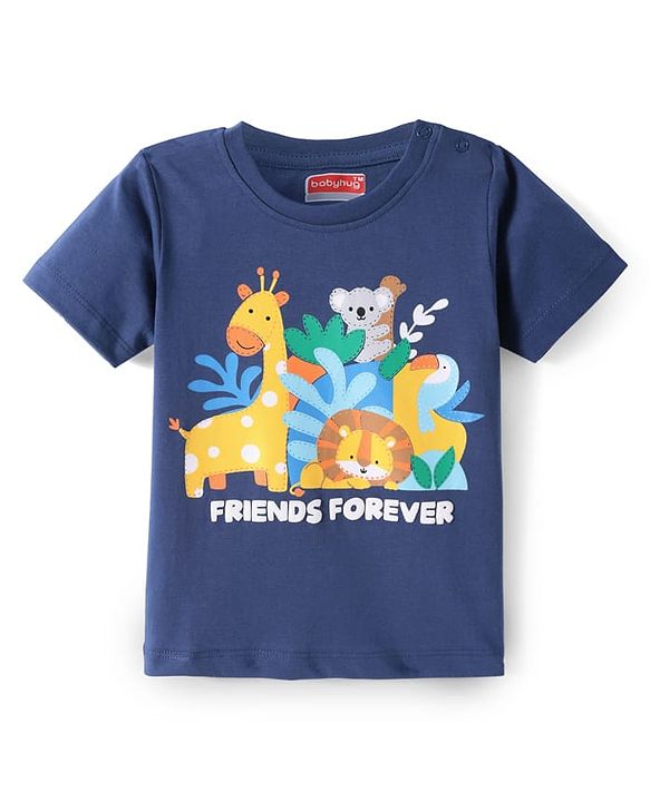 Babyhug Cotton Knit Half Sleeves T-Shirt with Jungle Theme Print - Navy Blue