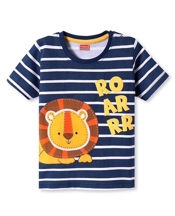 Babyhug Cotton Knit Half Sleeves Stripes T-Shirt with Lion Patch & Text Print - Navy Blue