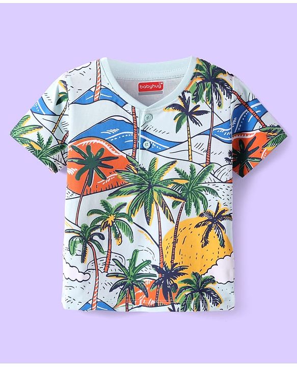 Babyhug Cotton Knit Half Sleeves Henley Neck T-Shirt with Tropical Theme Print - Light Blue