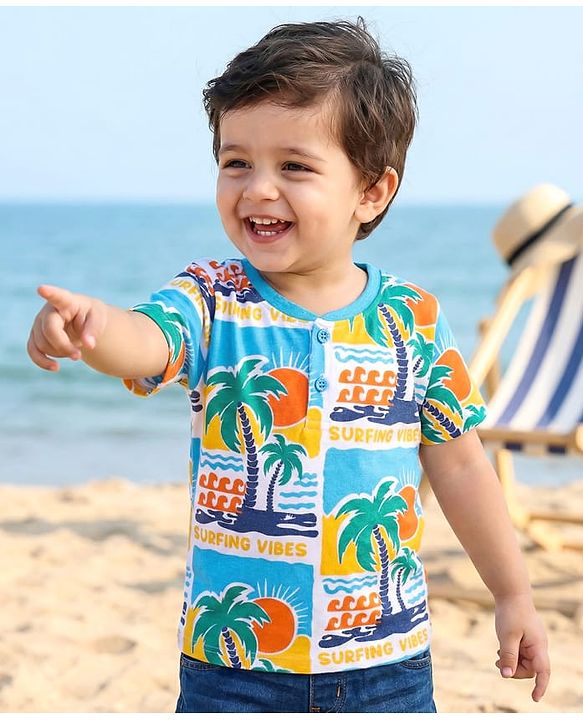 Babyhug Cotton Knit Half Sleeves T-Shirt With Beach Theme Print - Light Blue & White