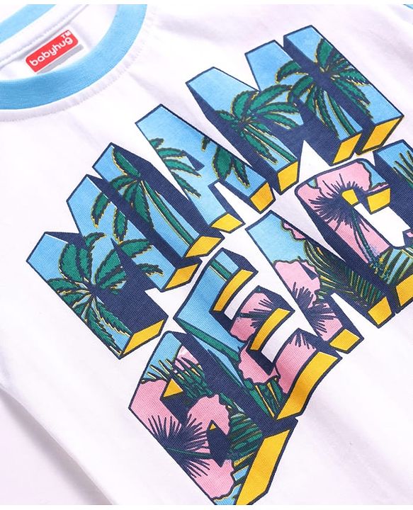 Babyhug Cotton Knit Half Sleeves T-Shirt with Beach Theme Print - White