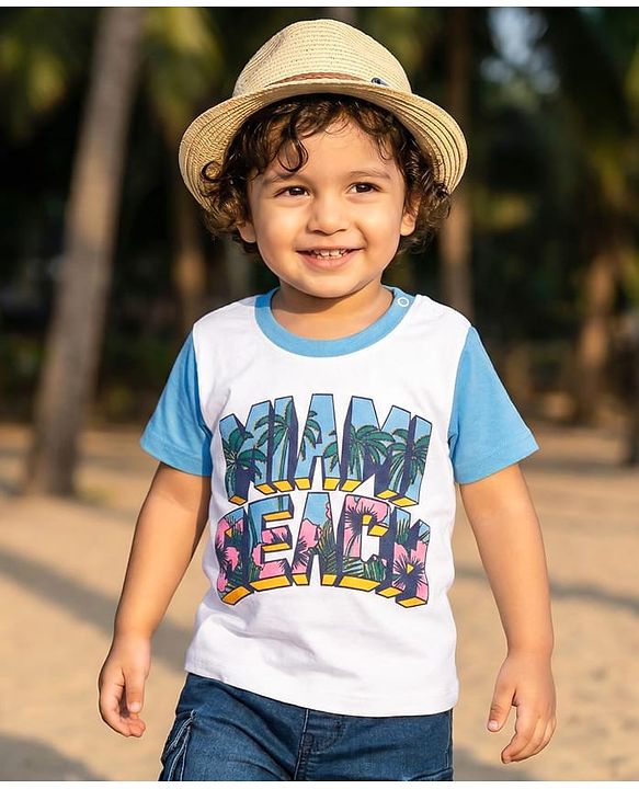 Babyhug Cotton Knit Half Sleeves T-Shirt with Beach Theme Print - White