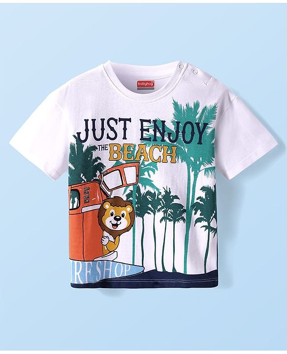Babyhug Cotton Knit Half Sleeves T-Shirt With Beach Theme Print - White