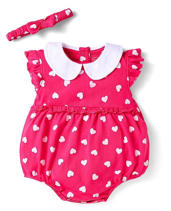 Babyhug 100% Cotton Knit Frill Sleeves Onesie With Heart Print & Headband - Dark Pink