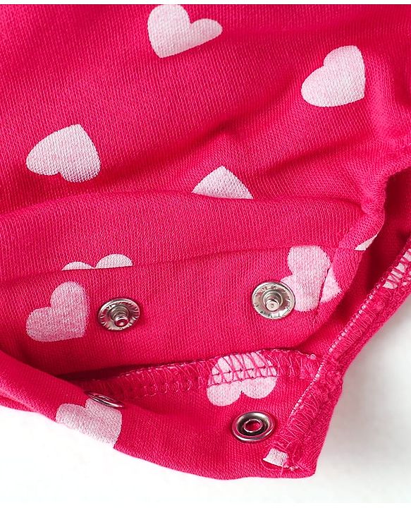Babyhug 100% Cotton Knit Frill Sleeves Onesie With Heart Print & Headband - Dark Pink