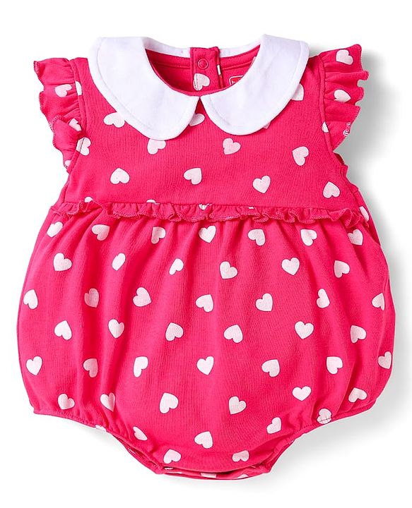 Babyhug 100% Cotton Knit Frill Sleeves Onesie With Heart Print & Headband - Dark Pink