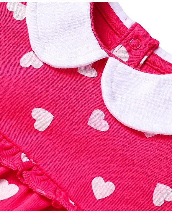 Babyhug 100% Cotton Knit Frill Sleeves Onesie With Heart Print & Headband - Dark Pink