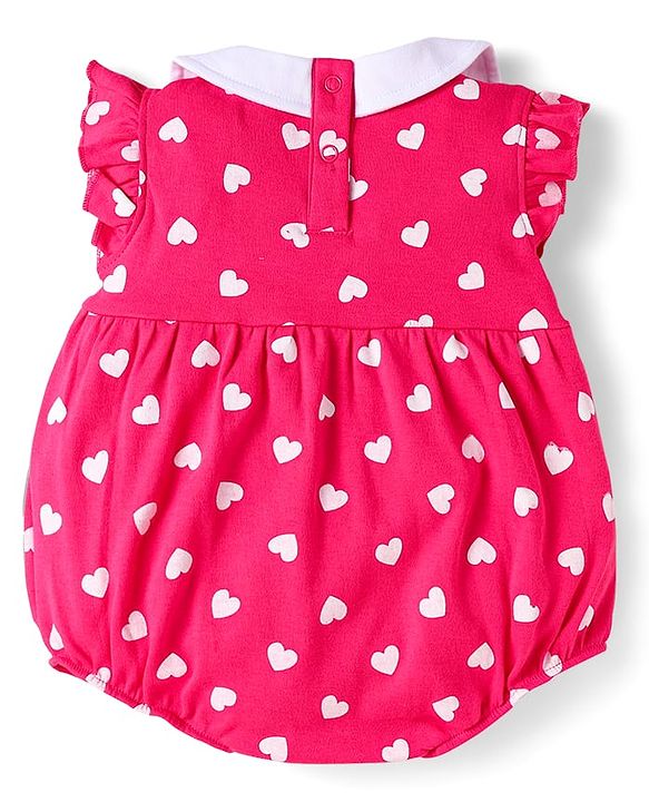 Babyhug 100% Cotton Knit Frill Sleeves Onesie With Heart Print & Headband - Dark Pink