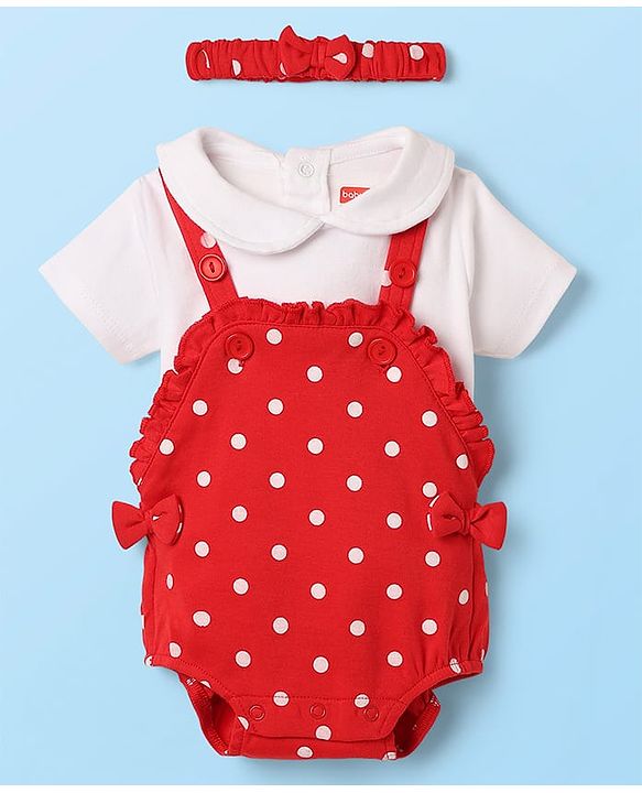 Babyhug 100% Cotton Knit Half Sleeves T-Shirt & Onesies with Hairband With Polka Dots - Red